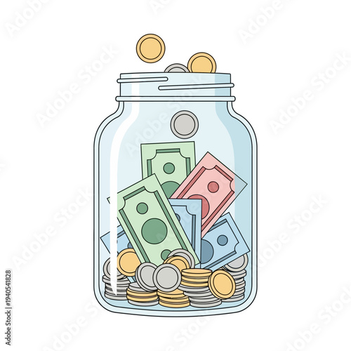 Piggy Bank Jar with Coins and Banknotes, Saving Money Concept