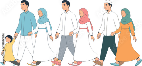 Muslim family walking together during Ramadan in side view wearing traditional clothing peaceful Islamic lifestyle vector illustration