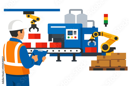 Industrial automation with robotic arms and worker inspecting a production line in a factory