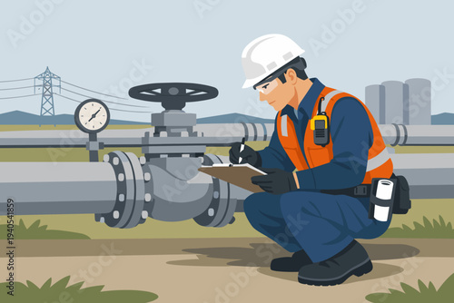 Professional industrial worker in safety gear performing a meticulous inspection of a large pipeline system, ensuring operational integrity and conducting essential maintenance checks