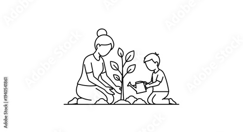 Mother and Child Planting a Seedling Together.