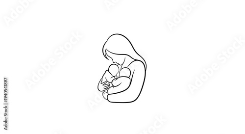 Mother holding baby in her arms, simple line art illustration.
