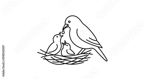 Mother bird feeding her chicks in the nest.