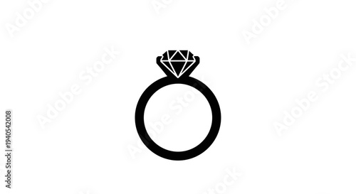 Simple black and white illustration of an engagement ring with diamond.