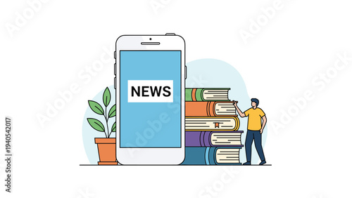 Digital media and education concept with a giant news smartphone screen next to a man and a stack of colorful books on white background.