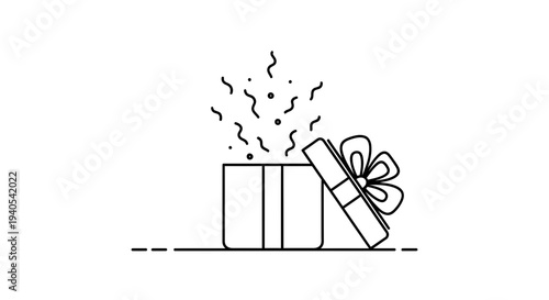 Simple line art illustration of gift boxes with ribbons and confetti.