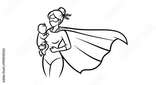 Motherhood Empowerment Superhero Mother Holding Baby.