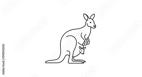 Simple line drawing of a kangaroo with joey in her pouch.