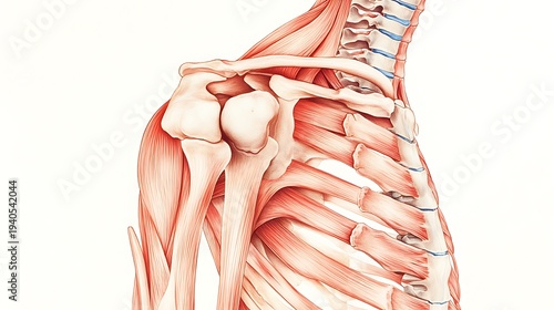 Detailed anatomical illustration of human shoulder muscles and bones in a lateral view showing intricate muscular and skeletal structure.