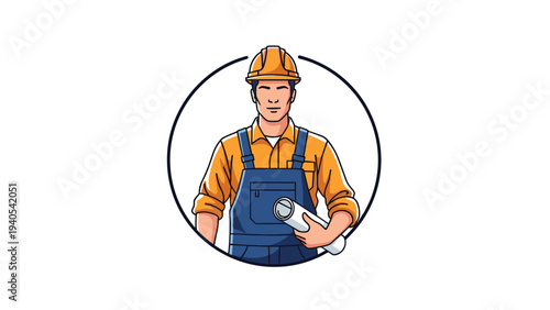 Confident male construction worker or engineer wearing a safety helmet and overalls while holding a rolled architectural building blueprint.