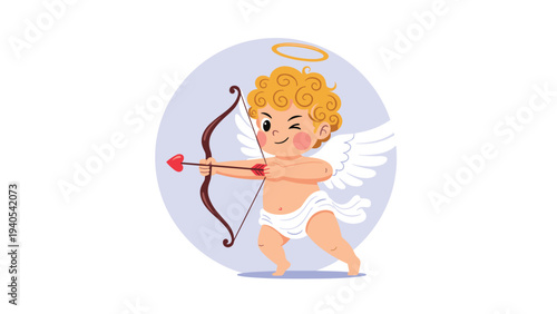 Adorable baby cupid character winking while aiming his love bow and heart-tipped arrow in a circular purple frame for valentines day card.