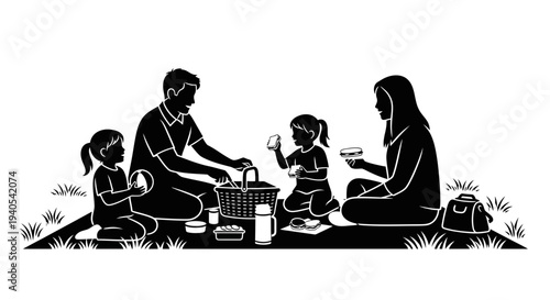 Family having a picnic together outdoors in a serene setting.