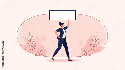 Businesswoman holding blank placard or sign board overhead while walking against soft pink background with leaf silhouettes.