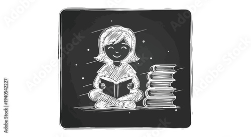 Cute cartoon girl reading a book on a chalkboard background with a stack of books beside her