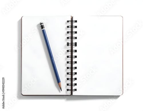 Open notebook with blank pages and a single blue pencil