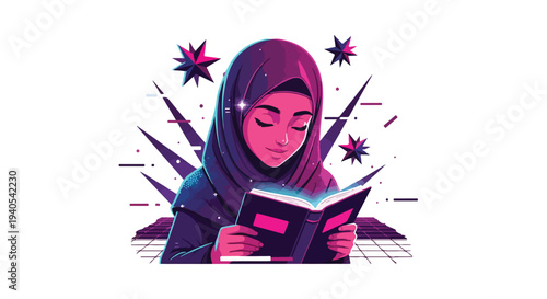 Young Muslim woman wearing a hijab, engrossed in reading a glowing book with abstract geometric shapes in the background
