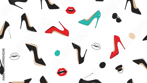 Fashion seamless pattern featuring high heels shoes and red lips for beauty salon and feminine boutique branding design.