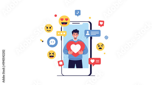 Young man holding large heart symbol on smartphone screen surrounded by social media notification icons for online dating.