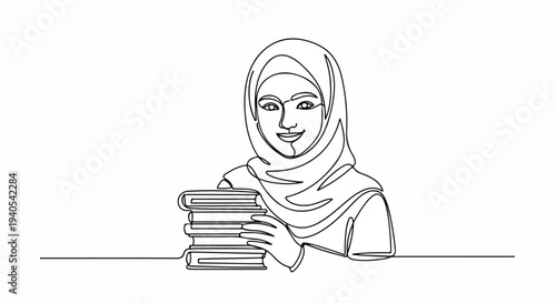 Continuous line drawing of a smiling Muslim woman in hijab holding a stack of books, representing education and knowledge