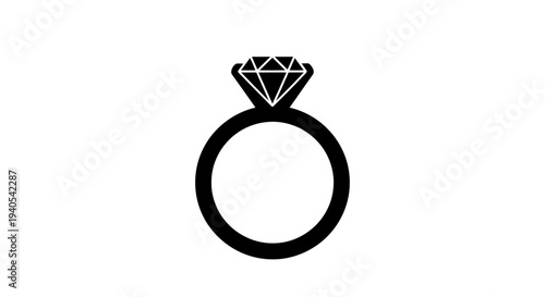 Simple black and white illustration of a diamond engagement ring.