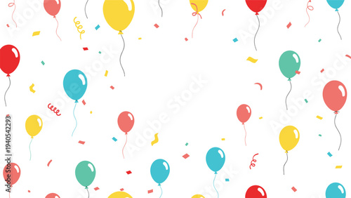 Seamless background with flying colorful balloons and scattered confetti for festive events and birthday celebration designs.