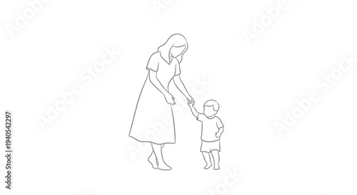 Simple line drawing of a mother holding a child's hand.