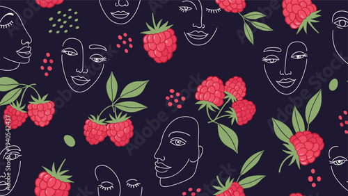 Artistic seamless pattern with line art faces and raspberries for organic cosmetics and modern aesthetic design concepts.