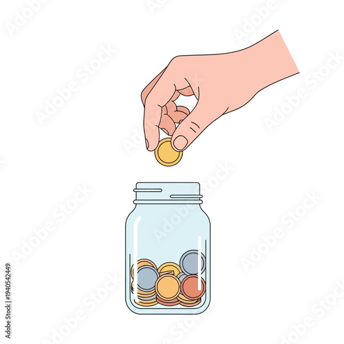 Hand dropping coin into glass jar, saving money concept, illustration