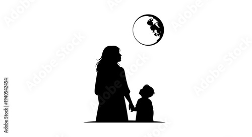 Silhouette of a mother and child playing with a balloon together outdoors.