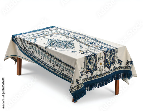 Ornate patterned tablecloth draped over a wooden table with fringe