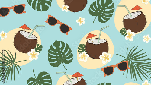 Tropical seamless pattern with coconuts cocktails and monstera leaves for summer holiday beach party and vacation theme.