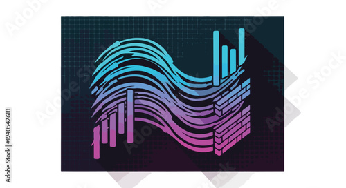 Abstract digital data visualization with colorful gradient waves, bar graphs, and structural elements on a dark grid background, representing technology and progress.