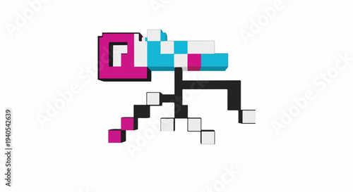 Vibrant pixel art character running or jumping in a retro 8-bit style, featuring a colorful abstract design on a clean white background, evoking vintage video games.