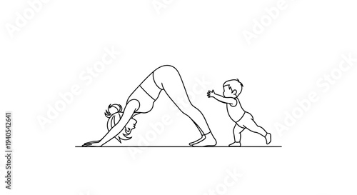 Woman practicing yoga with a child nearby in simple line art.