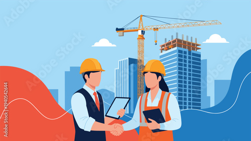 Construction engineers shaking hands at building site with crane and high rise projects for business partnership concept.