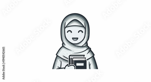 Happy Muslim woman in a hijab carrying books, symbolizing education, literacy, and student life. Perfect for learning, school, and cultural content.