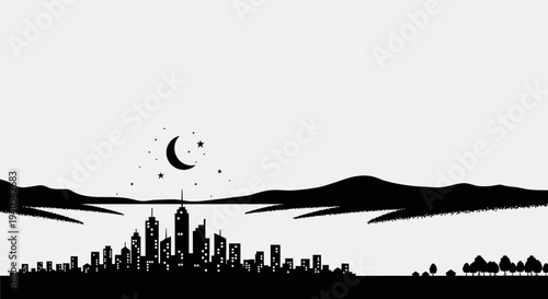 City Skyline Silhouette with Crescent Moon and Stars at Night.