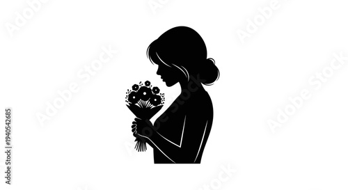 Silhouette of a woman holding a bouquet of flowers.