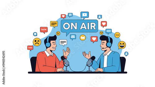 Two male podcast hosts talking into microphones with on air sign and social media icons for media and broadcasting.