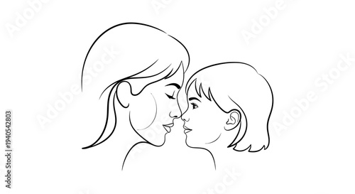 Simple line drawing of a mother and child kissing noses.