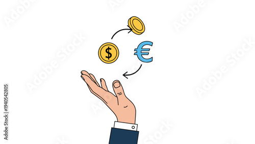 Human hand with dollar and euro coins for currency exchange and international finance and global money transaction.