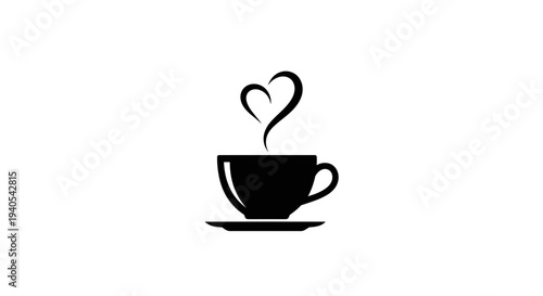 Black coffee cup with heart shaped steam on white background.