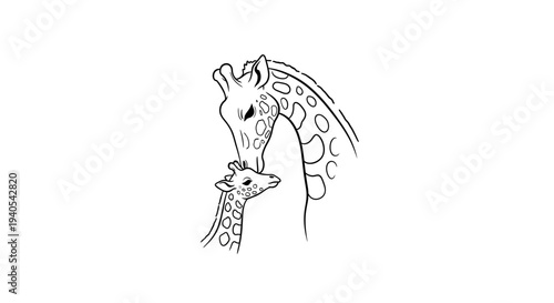 Simple black and white line drawing of a giraffe and its calf.