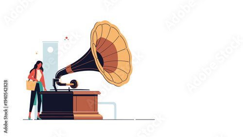 Young woman standing near huge vintage gramophone player for music history and retro technology design concepts.