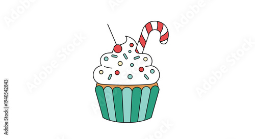 Festive holiday cupcake with green striped wrapper, fluffy white frosting, colorful sprinkles, a cherry, and a candy cane garnish on top.