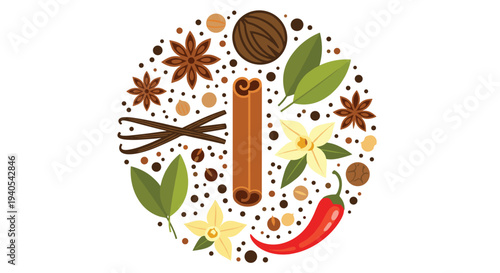Circular arrangement of aromatic whole spices and herbs like cinnamon sticks, star anise, chili peppers, and vanilla flowers for cooking.
