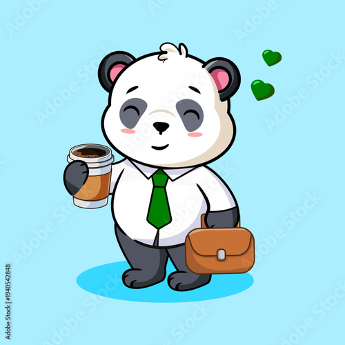Cute Cartoon Panda Holding Coffee and Briefcase Vector Illustration Kawaii Design