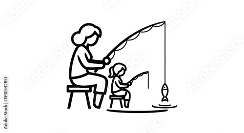 Woman and child fishing together outdoors with a lamp.