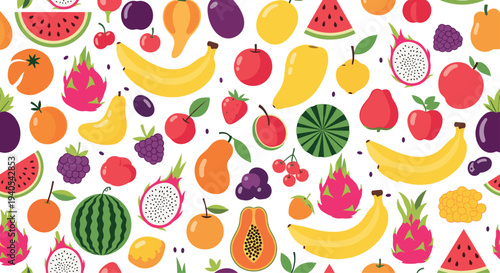 Dense and vibrant seamless pattern filled with various colorful fruits such as bananas, watermelons, dragon fruit, apples, and ripe berries.