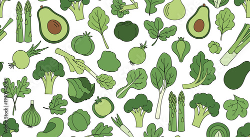 Thick seamless pattern of diverse green vegetables including avocado, broccoli, asparagus, spinach, and cabbage on a white background design.